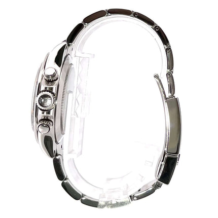 Seitenansicht der Rolex Daytona Edelstahl 116520 mit polierter und satinierter Edelstahlgehäuse sowie Oyster-Edelstahlband.