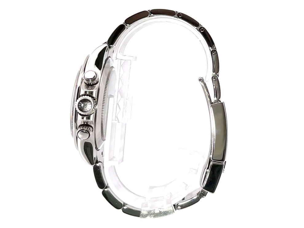 Seitenansicht der Rolex Daytona Edelstahl 116520 mit polierter und satinierter Edelstahlgehäuse sowie Oyster-Edelstahlband.