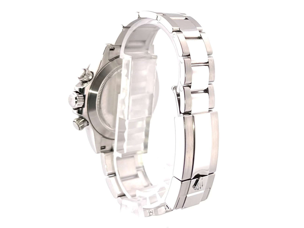 Rückansicht Rolex Daytona Edelstahl 116520, Edelstahlgehäuse und poliertes Oysterband, schwarze Zifferblatt und Tachymeterskala Lünette.