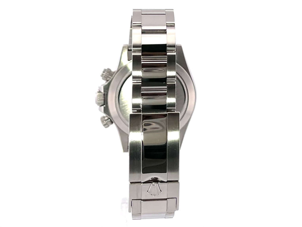 Rückansicht der Rolex Daytona Edelstahl Ref. 116520 mit poliertem und satiniertem Oyster-Armband und verschraubter Krone.