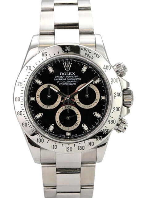 Rolex Daytona Edelstahl 116520 Schwarz auf Silberarmband mit schwarzem Zifferblatt und Chronographen.