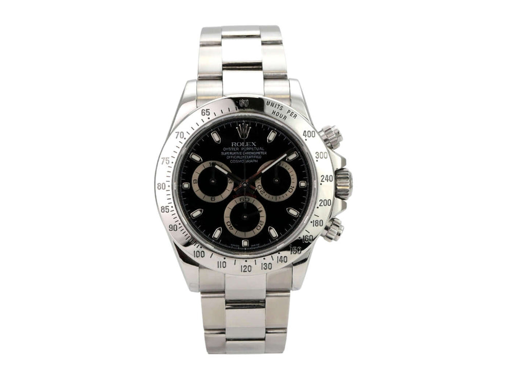 Rolex Daytona Edelstahl 116520 Schwarz mit schwarzem Zifferblatt und Edelstahlarmband.