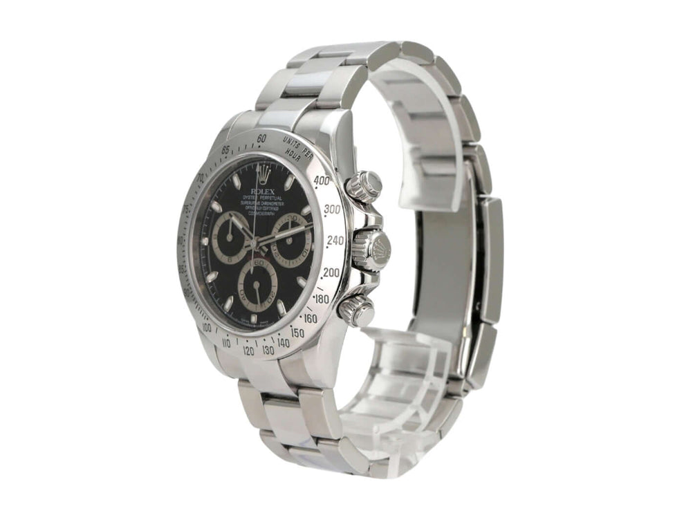 Rolex Daytona Edelstahl 116520 Schwarz Uhr mit schwarzem Zifferblatt und Edelstahlarmband