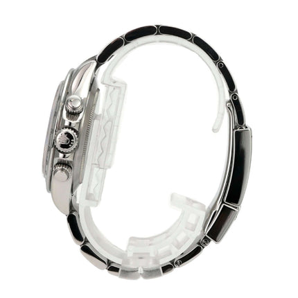 Seitenansicht der Rolex Daytona Edelstahl 116520 Schwarz mit poliertem und satiniertem Edelstahlband.