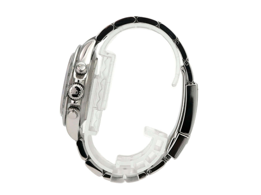 Seitenansicht der Rolex Daytona Edelstahl 116520 Schwarz mit poliertem und satiniertem Edelstahlband.