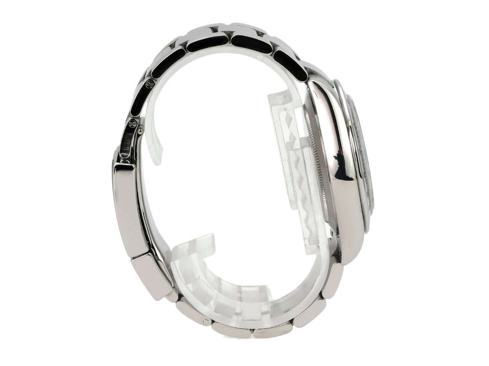 Seitenansicht der Rolex Daytona Edelstahl 116520 Schwarz mit poliertem Edelstahlband und Gehäuse.