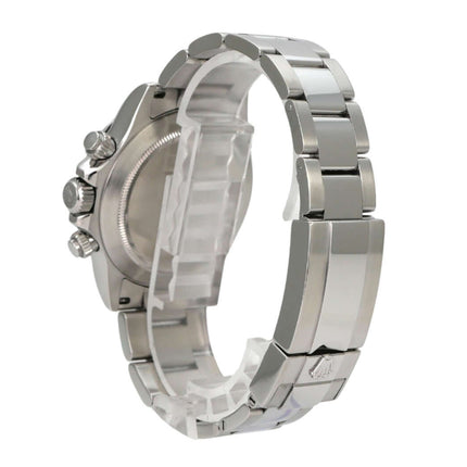 Rolex Daytona Edelstahl 116520 Schwarz, seitliche Ansicht des Gehäuses und Edelstahlarmbands.