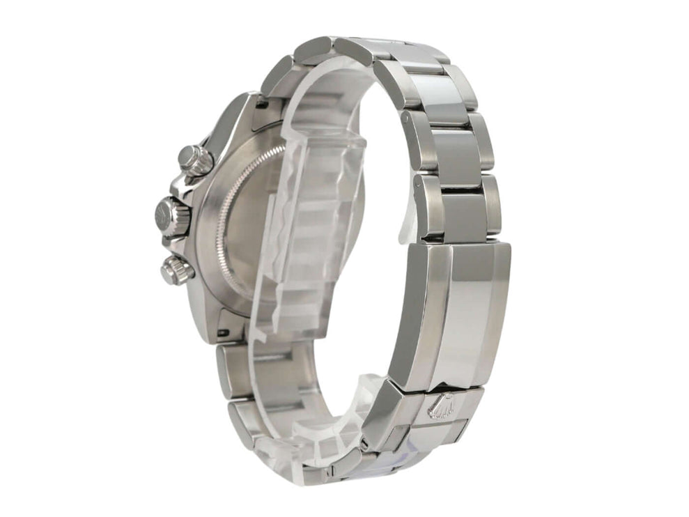 Rolex Daytona Edelstahl 116520 Schwarz, seitliche Ansicht des Gehäuses und Edelstahlarmbands.