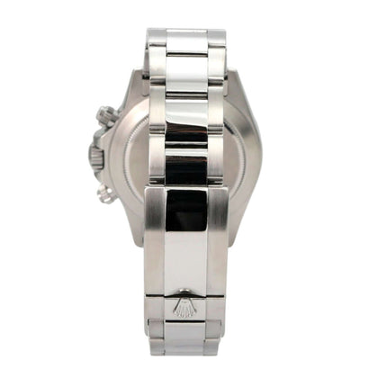 Rolex Daytona Edelstahl 116520 Schwarz Seitenansicht mit Oyster Edelstahlband und verschraubtem Gehäuse.