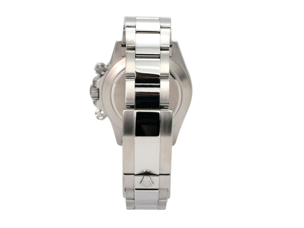 Rolex Daytona Edelstahl 116520 Schwarz Seitenansicht mit Oyster Edelstahlband und verschraubtem Gehäuse.