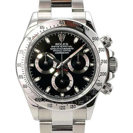 Rolex Daytona Edelstahl 116520 Schwarz mit schwarzem Zifferblatt, Tachymeterskala und Sicherheitsfaltschließe.
