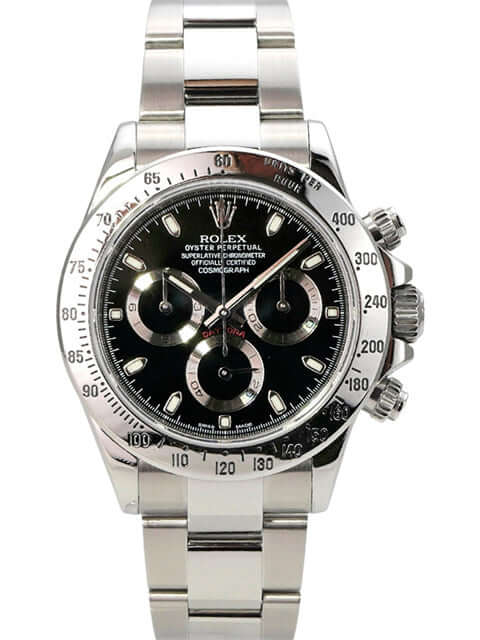 Rolex Daytona Edelstahl 116520 Schwarz mit schwarzem Zifferblatt, Tachymeterskala und Sicherheitsfaltschließe.