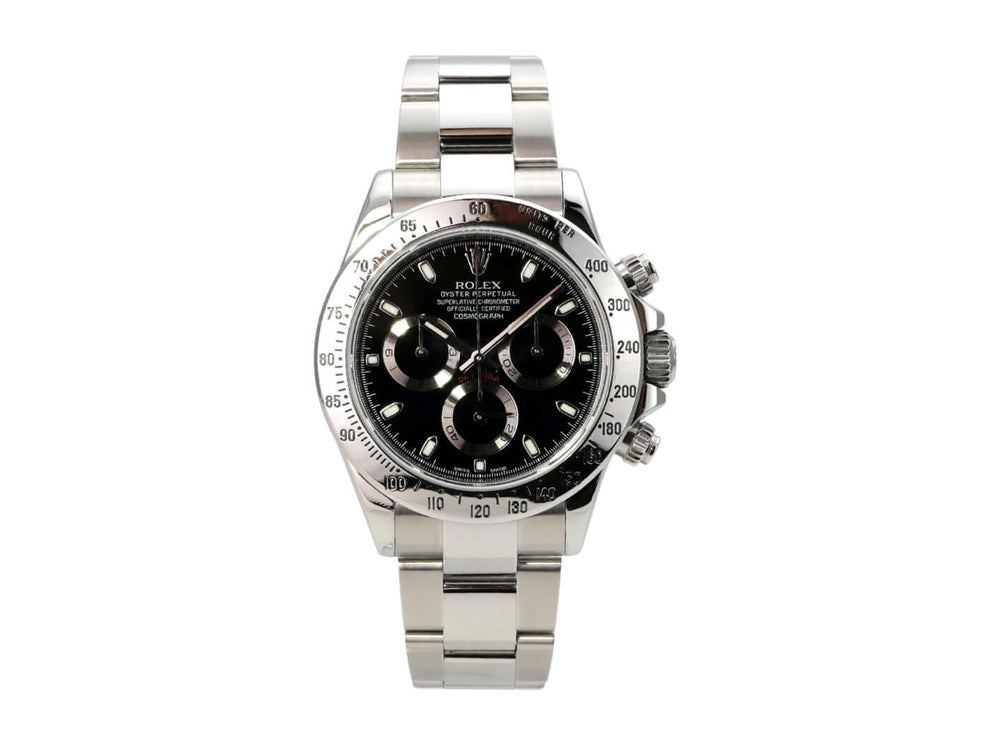 Rolex Daytona Edelstahl 116520 Schwarz - Chronograph mit schwarzem Zifferblatt und Edelstahlband, 2015 Modell.