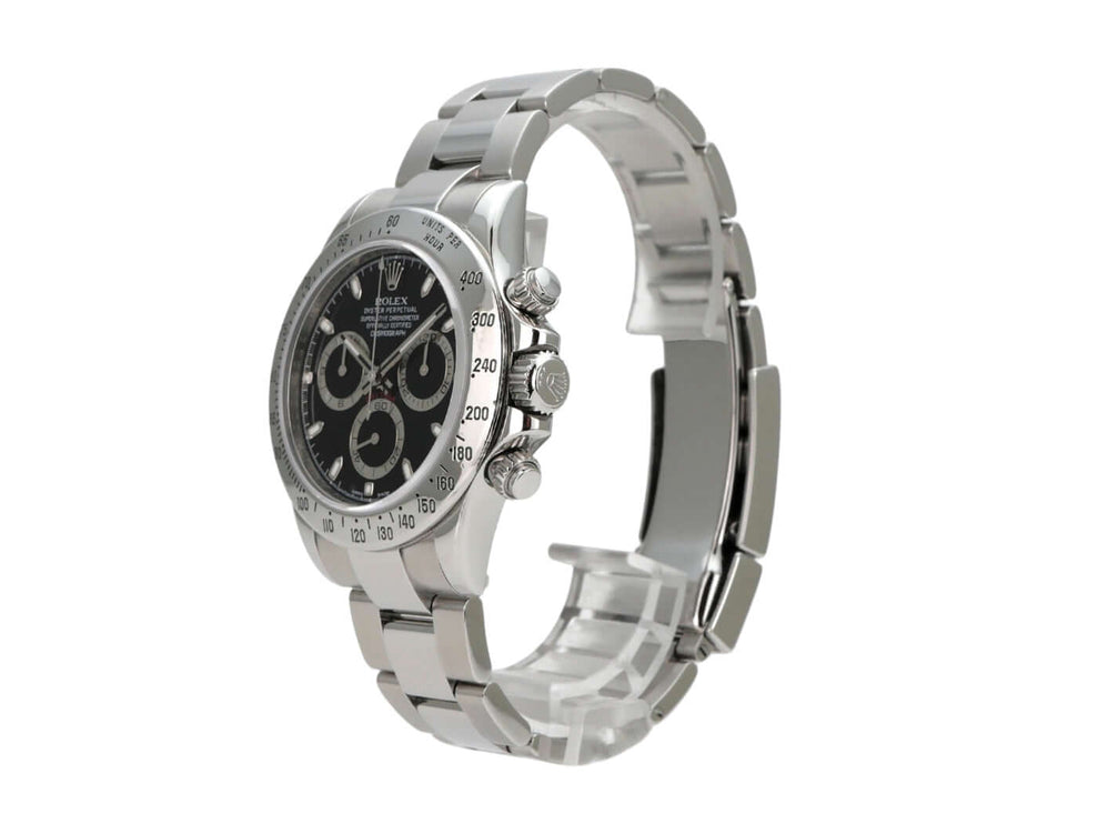 Rolex Daytona Edelstahl 116520 Schwarz seitliche Ansicht mit schwarzem Zifferblatt und Edelstahlarmband.