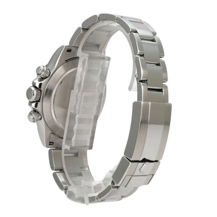 Rolex Daytona Edelstahl 116520 Schwarz seitliche Ansicht der Uhr mit Edelstahlband und Gehäuse.