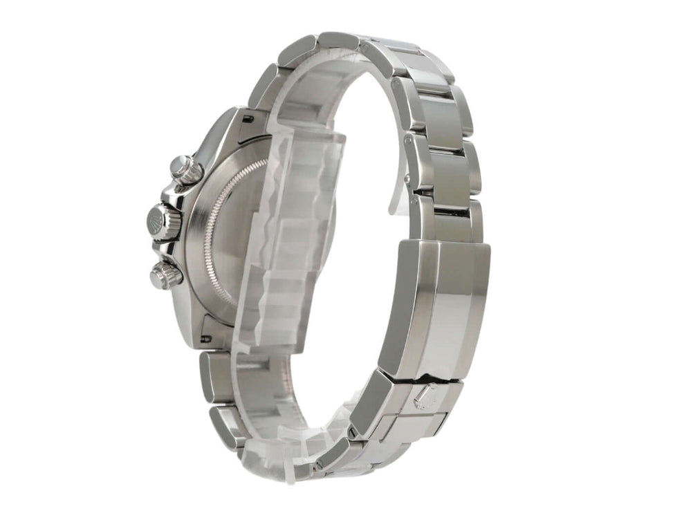 Rolex Daytona Edelstahl 116520 Schwarz seitliche Ansicht der Uhr mit Edelstahlband und Gehäuse.