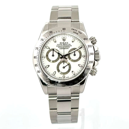 Rolex Daytona Edelstahl 116520 Weiß aus 2009 mit poliertem und satiniertem Edelstahlgehäuse, weißem Zifferblatt und Oyster Edelstahl Armband.