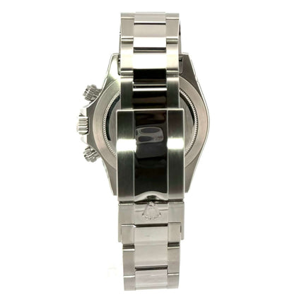 Rückansicht einer Rolex Daytona Edelstahl 116520 Uhr von 2009, mit poliertem und satiniertem Edelstahlgehäuse und Oyster Edelstahlarmband.