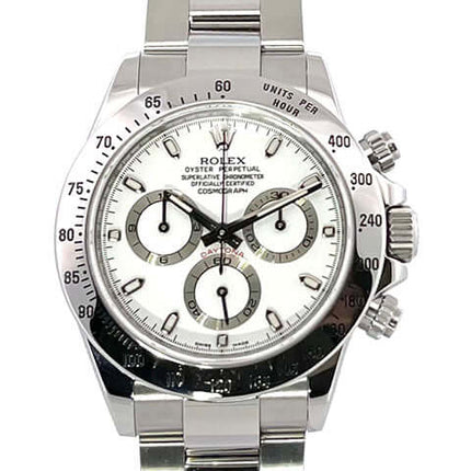 Rolex Daytona Edelstahl 116520 Weiß, poliertes und satiniertes Gehäuse, weißes Zifferblatt, Tachymeterskala, Oyster-Armband, Chronometer