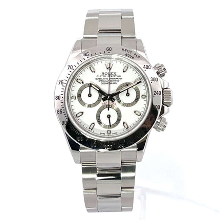 Rolex Daytona Edelstahl 116520 Weiß LC100 aus 2010 mit poliertem Edelstahlgehäuse, Oyster Armband und weißem Zifferblatt mit Leuchtindizes.