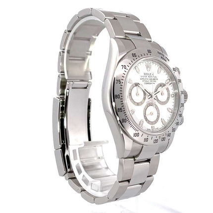 Rolex Daytona Edelstahl 116520 in Weiß, poliertes und satiniertes Edelstahlgehäuse und Armband, Tachymeterskala Lünette, weißes Zifferblatt.