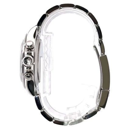 Seitenansicht Rolex Daytona Edelstahl 116520 Weiß mit poliertem und satiniertem Oyster-Armband