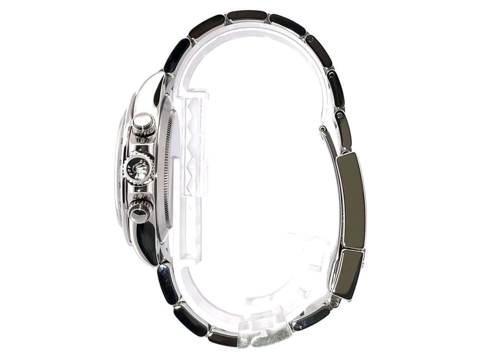 Seitenansicht Rolex Daytona Edelstahl 116520 Weiß mit poliertem und satiniertem Oyster-Armband