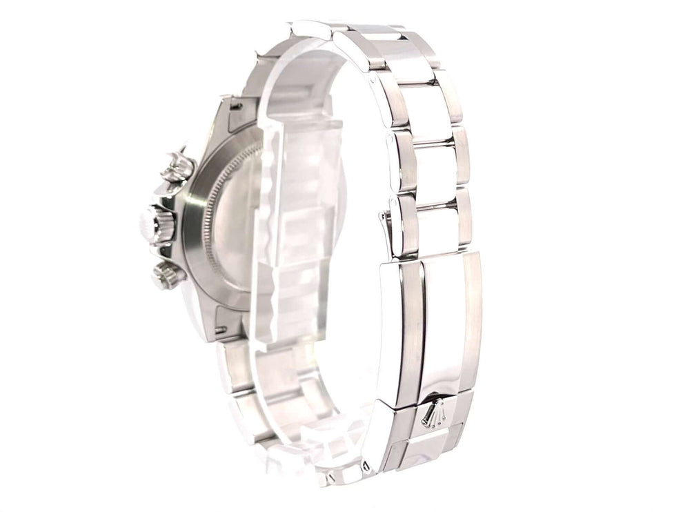 Rückseite des Rolex Daytona Edelstahl 116520 Weiß aus poliertem und satiniertem Edelstahl mit Oyster-Armband.