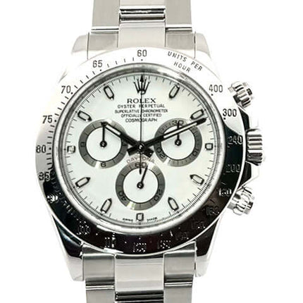 Rolex Daytona Edelstahl 116520 Weiß aus 2010 mit Tachymeterskala, Oyster Edelstahl Armband und weißem Zifferblatt.