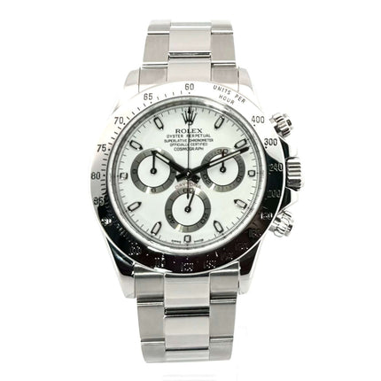 Rolex Daytona Edelstahl 116520 Weiß Chronometer aus 2010 mit weißem Zifferblatt, Oyster Edelstahl Armband, polierte Tachymeterskala-Lünette