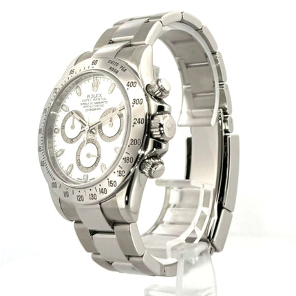 Rolex Daytona Edelstahl 116520 Weiß, poliertes und satiniertes Gehäuse, weiße Zifferblatt mit Leuchtindizes, Edelstahl Oyster Armband.