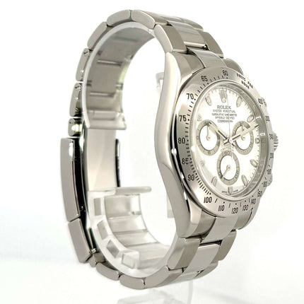 Rolex Daytona 116520 Edelstahl Weiß 2010, poliertes und satiniertes Gehäuse und Armband, weißes Zifferblatt, Tachymeterskala, Chronometer