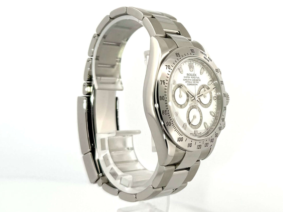 Rolex Daytona 116520 Edelstahl Weiß 2010, poliertes und satiniertes Gehäuse und Armband, weißes Zifferblatt, Tachymeterskala, Chronometer