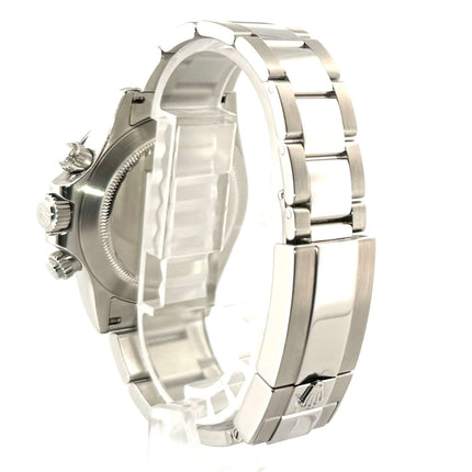 Rückseite der Rolex Daytona Edelstahl 116520 Weiß mit poliertem und satiniertem Edelstahlgehäuse und Oyster Edelstahlarmband.