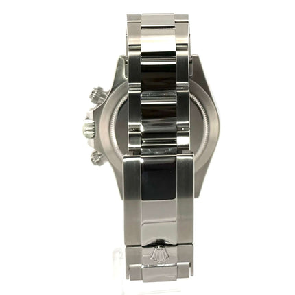 Rückseite der Rolex Daytona Edelstahl 116520 Weiß mit poliertem Edelstahlgehäuse und Oyster-Armband, Sicherheitsfaltschließe erkennbar.