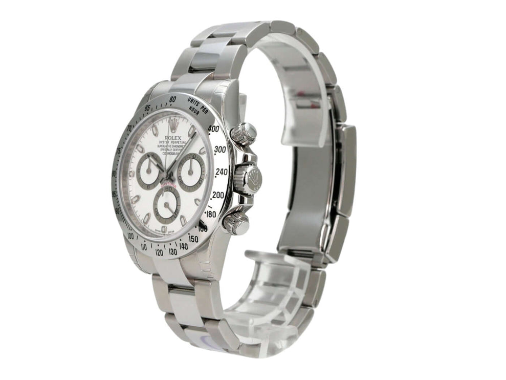 Rolex Daytona Edelstahl 116520 Weiß, Edelstahl-Chronograph mit weißem Zifferblatt und Tachymeterskala