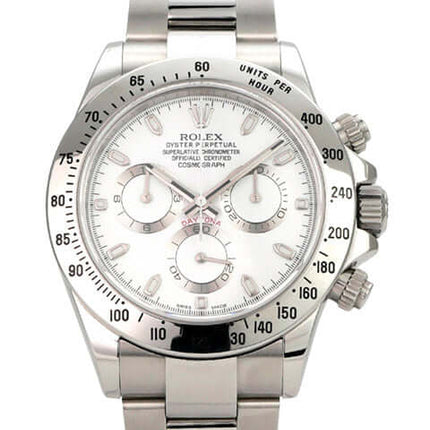 Rolex Daytona Edelstahl 116520 Weiß, elegante Uhr mit weißem Zifferblatt und Edelstahlarmband.