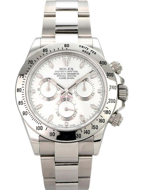 Rolex Daytona Edelstahl 116520 Weiß, elegante Uhr mit weißem Zifferblatt und Edelstahlarmband.