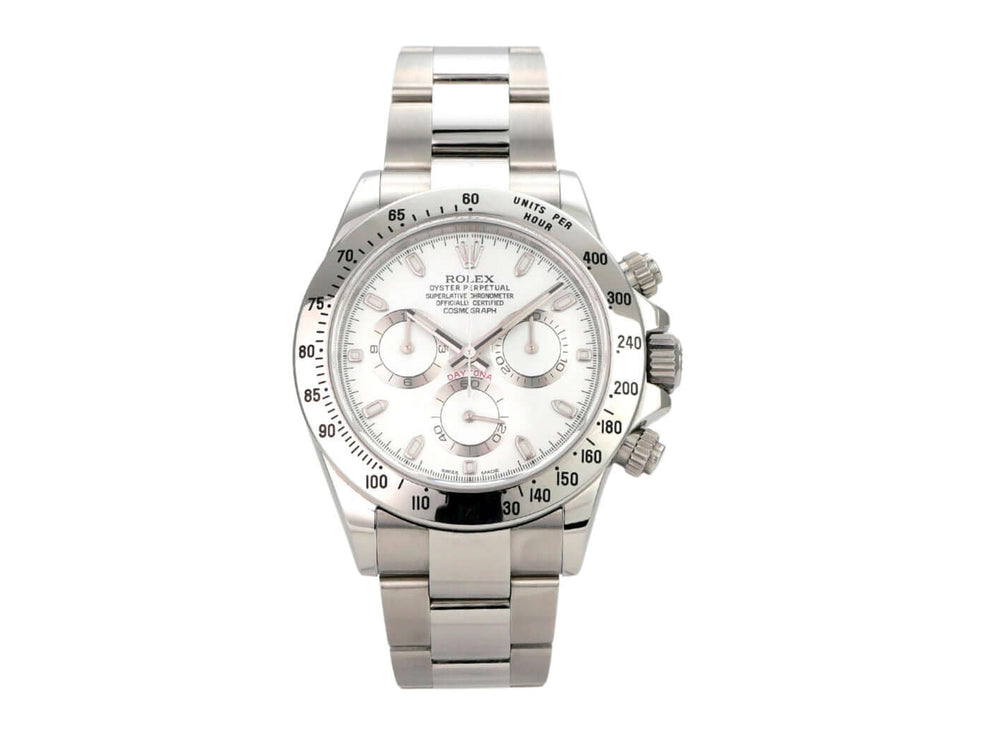 Rolex Daytona Edelstahl 116520 Weiß mit chronographischen Funktionen und poliertem Edelstahlarmband.