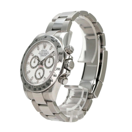 Rolex Daytona Edelstahl 116520 Weiß auf einem transparenten Halter, glänzendes Gehäuse und weißes Zifferblatt.