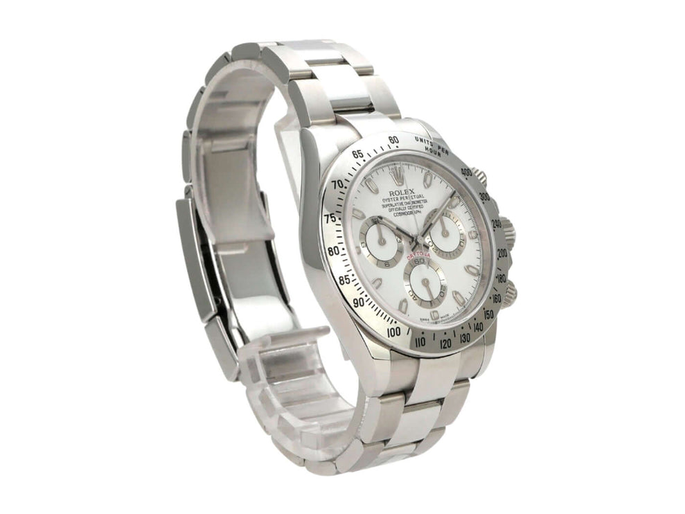 Rolex Daytona Edelstahl 116520 Weiß - elegante Edelstahl-Uhr mit weißem Zifferblatt und Tachymeterskala.