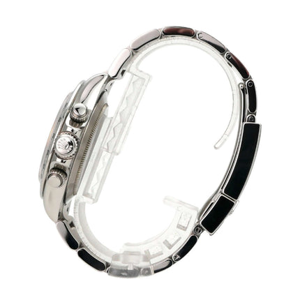 Rolex Daytona Edelstahl 116520 Weiß seitliche Ansicht der Uhr mit Edelstahlarmband und Schließe.