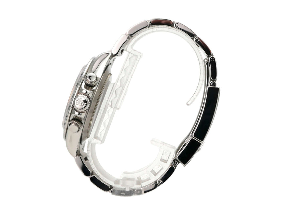 Rolex Daytona Edelstahl 116520 Weiß seitliche Ansicht der Uhr mit Edelstahlarmband und Schließe.