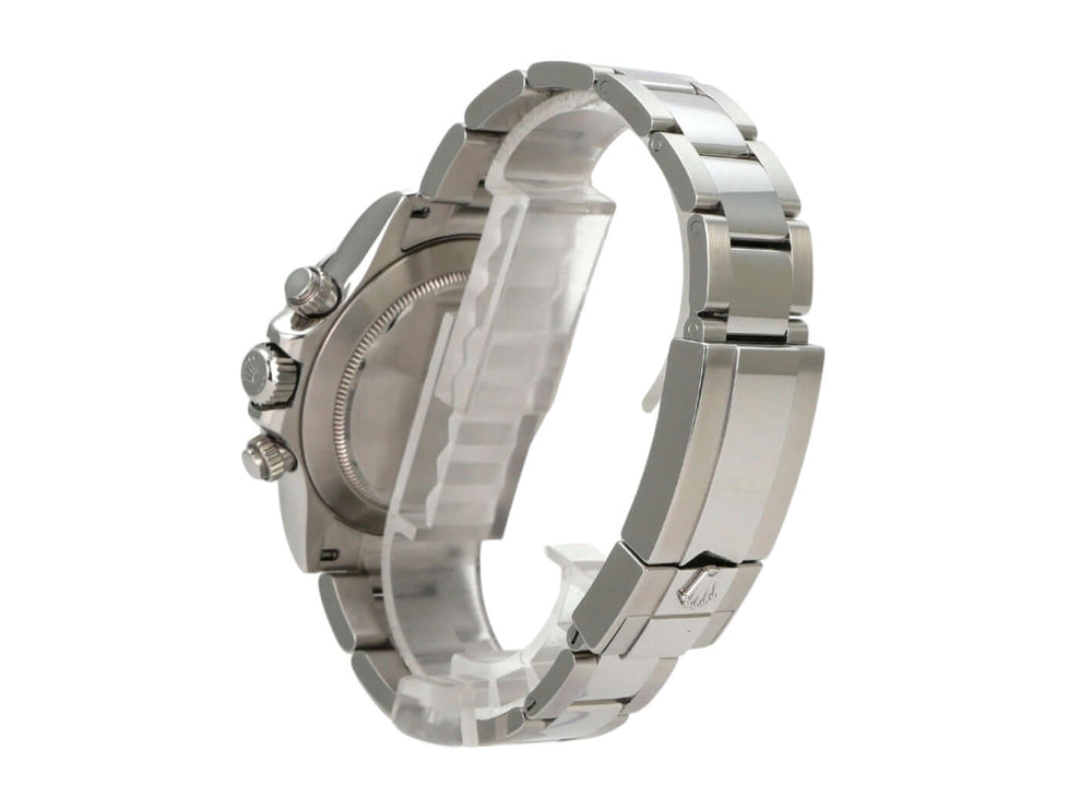 Rolex Daytona Edelstahl 116520 Weiß seitliche Ansicht des Edelstahlgehäuses und Armbands