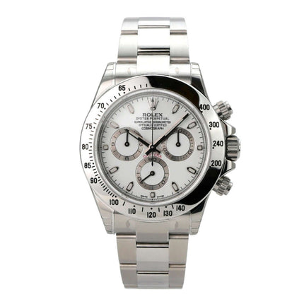 Rolex Daytona Edelstahl 116520 Weiß mit poliertem Edelstahlgehäuse und weißem Zifferblatt.