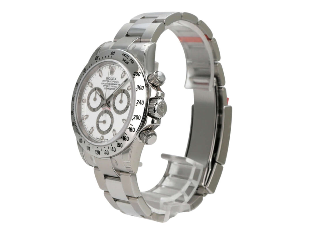 Rolex Daytona Edelstahl 116520 Weiß seitliche Ansicht mit poliertem Edelstahlgehäuse und weißem Zifferblatt