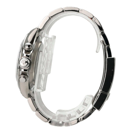 Rolex Daytona Edelstahl 116520 Weiß aus der Seitenansicht mit Oyster Armband und polierter Lünette.