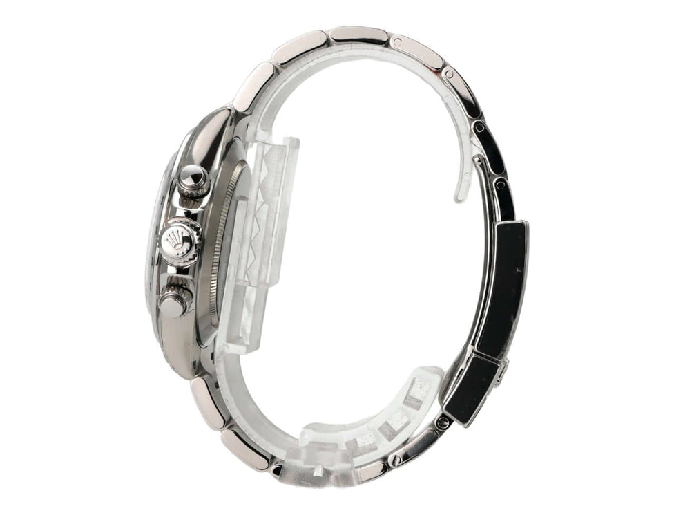 Rolex Daytona Edelstahl 116520 Weiß aus der Seitenansicht mit Oyster Armband und polierter Lünette.