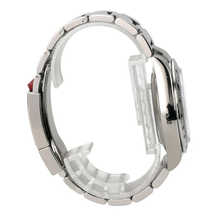 Seitenansicht der Rolex Daytona Edelstahl 116520 Weiß mit poliertem Edelstahlarmband und Sicherheitsfaltschließe.