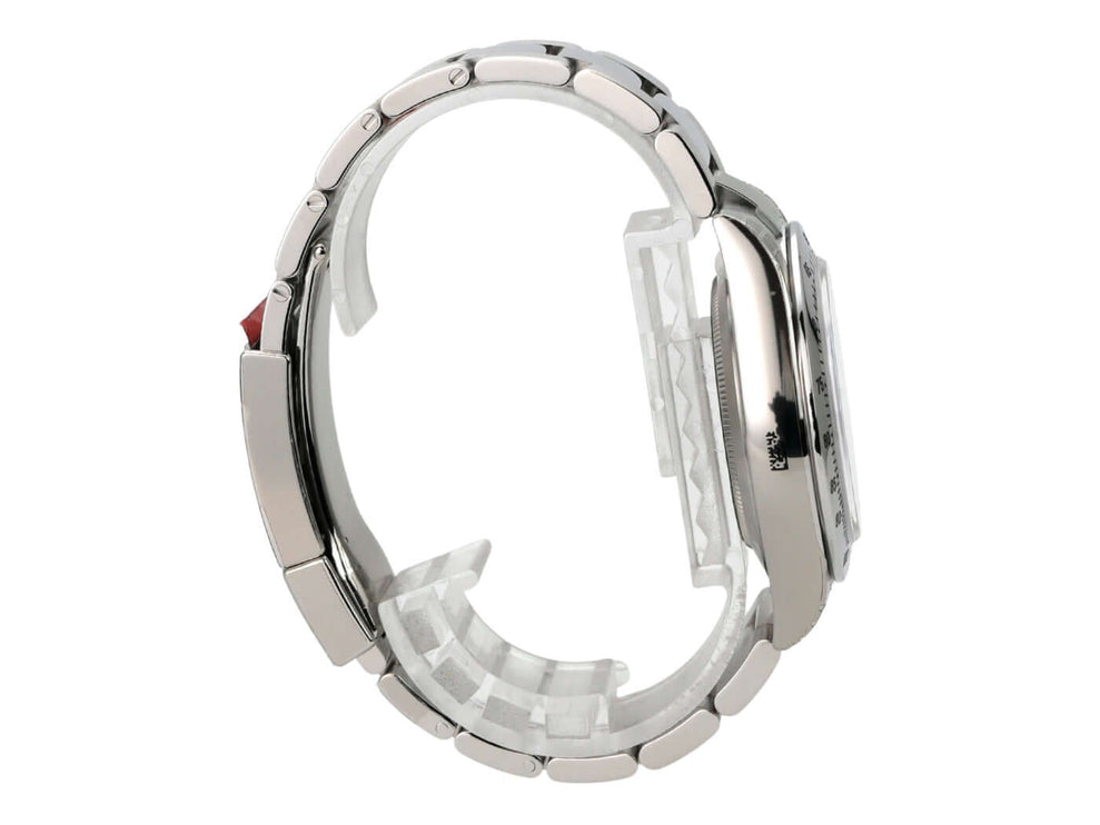 Seitenansicht der Rolex Daytona Edelstahl 116520 Weiß mit poliertem Edelstahlarmband und Sicherheitsfaltschließe.